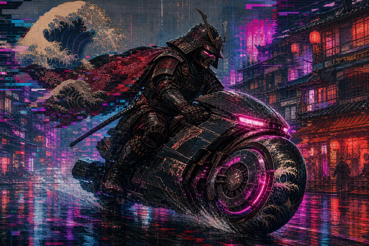 Cyberpunk + Ukiyo-e + Glitch Art, kết quả ChatGPT.