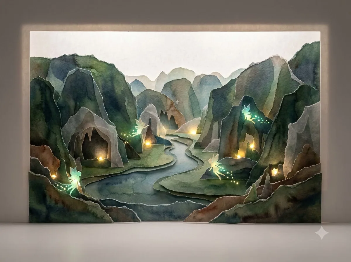 Paper Cut Craft + Watercolor + Fantasy Storybook: kết quả tạo bởi Gemini.