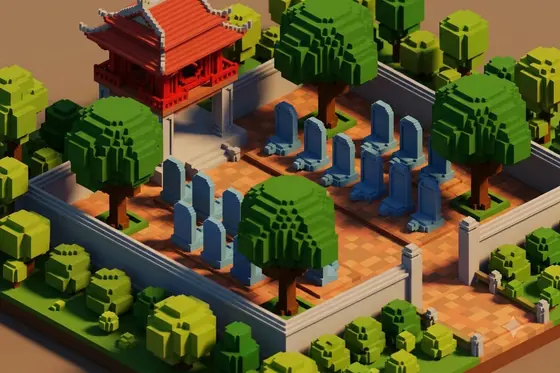 3D Voxel Art — A blocky 3D version of the Temple of Literature., kết quả Gemini.