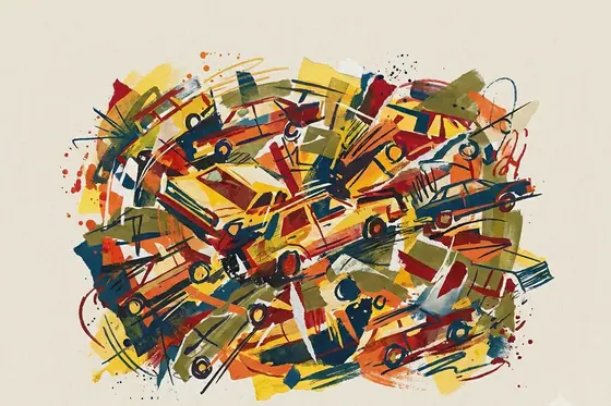 Abstract — Shapes and colors representing the chaos of Vietnamese traffic., kết quả Gemini.