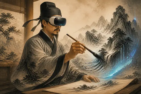 Anachronistic Art — A feudal Vietnamese scholar wearing VR goggles holding a brush., kết quả ChatGPT.