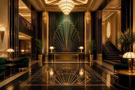 Art Deco Revival — A luxury hotel lobby with gold geometric lines., kết quả ChatGPT.