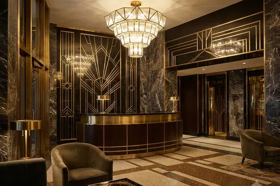 Art Deco Revival — A luxury hotel lobby with gold geometric lines., kết quả Gemini.