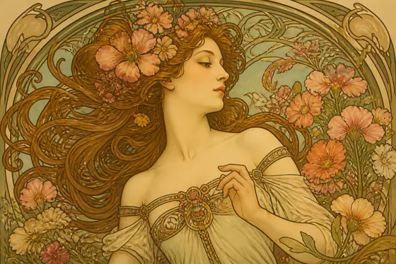 Art Nouveau — A woman with flowing hair and floral patterns., kết quả ChatGPT.