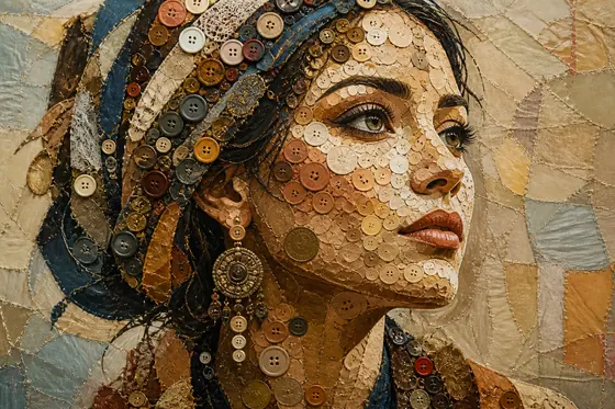 Assemblage Art — A portrait of a woman made from buttons, coins, and fabric scraps., kết quả ChatGPT.