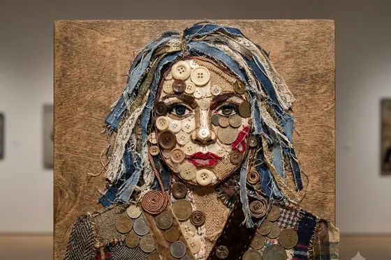 Assemblage Art — A portrait of a woman made from buttons, coins, and fabric scraps., kết quả Gemini.