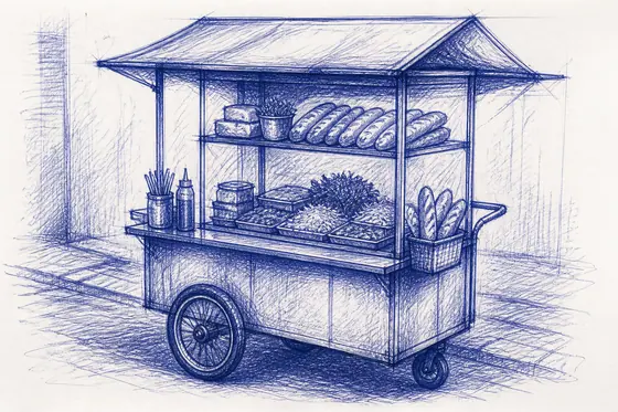Ballpoint Pen Sketch — A quick sketch of a Banh Mi street cart. (Ký họa nhanh xe bánh mì đường phố.), kết quả ChatGPT.
