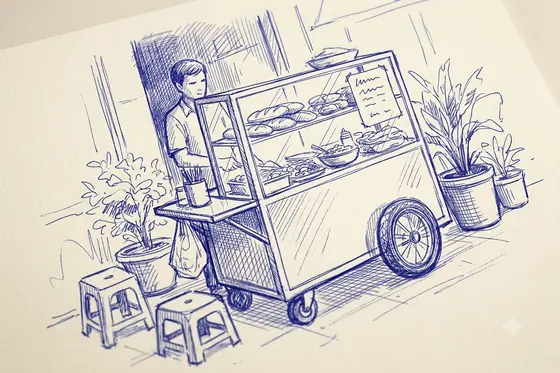 Ballpoint Pen Sketch — A quick sketch of a Banh Mi street cart. (Ký họa nhanh xe bánh mì đường phố.), kết quả Gemini.