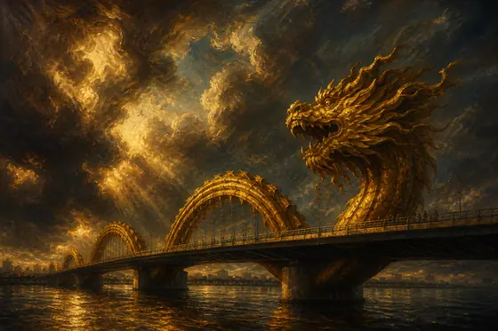 Baroque — The Dragon Bridge in Da Nang with dramatic lighting and swirling clouds., kết quả ChatGPT.