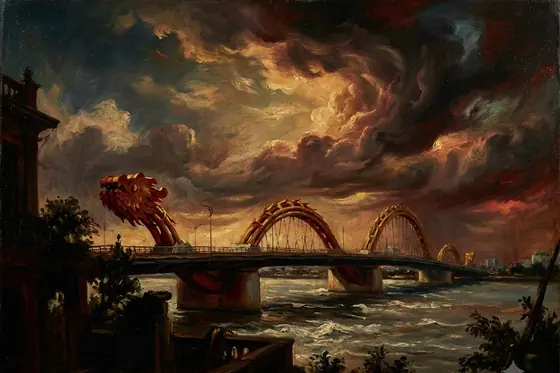 Baroque — The Dragon Bridge in Da Nang with dramatic lighting and swirling clouds., kết quả Gemini.