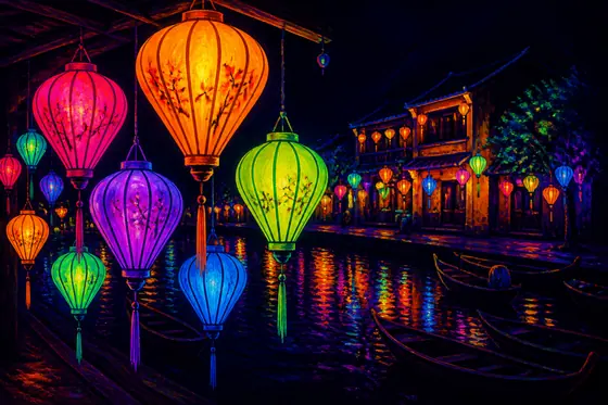 Blacklight Painting — Hoi An lanterns glowing neon in the dark. (Đèn lồng Hội An phát sáng neon trong bóng tối.), kết quả ChatGPT.