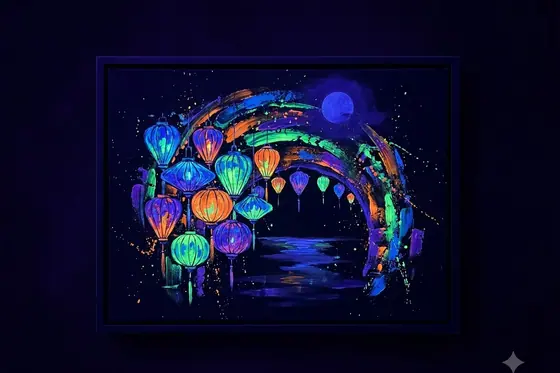 Blacklight Painting — Hoi An lanterns glowing neon in the dark. (Đèn lồng Hội An phát sáng neon trong bóng tối.), kết quả Gemini.