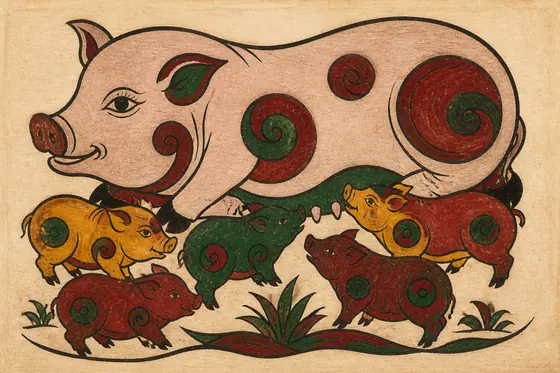 Block Print — A Dong Ho folk painting of a pig family. (Tranh dân gian Đông Hồ về đàn lợn.), kết quả ChatGPT.