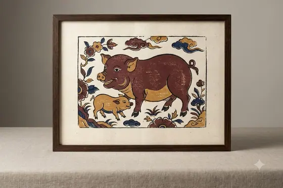 Block Print — A Dong Ho folk painting of a pig family. (Tranh dân gian Đông Hồ về đàn lợn.), kết quả Gemini.