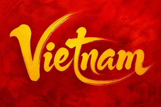 Calligraphy — The word "Vietnam" in yellow on a red background., kết quả ChatGPT.