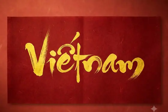 Calligraphy — The word "Vietnam" in yellow on a red background., kết quả Gemini.