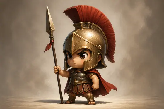 Chibi — A tiny ancient warrior with a big helmet holding a spear., kết quả ChatGPT.