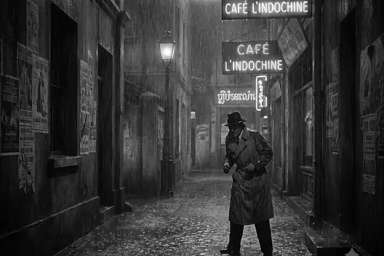 Classic Noir — A detective standing in a rainy alley in old Saigon., kết quả Gemini.