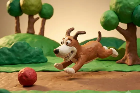 Claymation — A funny dog chasing a ball. (Chú chó vui nhộn đang đuổi bắt bóng), kết quả Gemini.