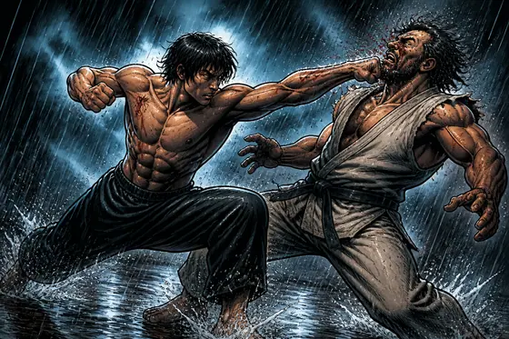 Comic Book — A dramatic martial arts fight scene in the rain. (Cảnh đấu võ kịch tính dưới mưa.), kết quả ChatGPT.