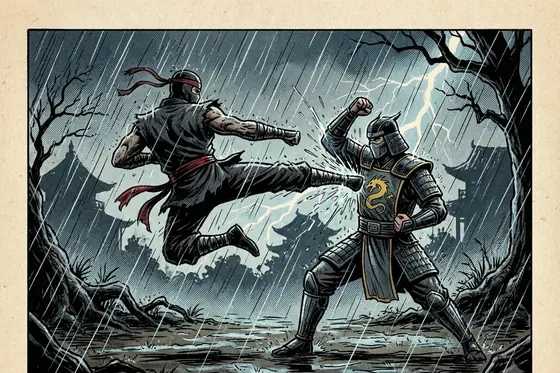 Comic Book — A dramatic martial arts fight scene in the rain. (Cảnh đấu võ kịch tính dưới mưa.), kết quả Gemini.