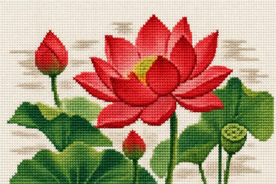 Cross Stitch — A pattern of a red lotus flower. (Mẫu thêu hoa sen đỏ.), kết quả ChatGPT.