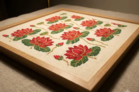 Cross Stitch — A pattern of a red lotus flower. (Mẫu thêu hoa sen đỏ.), kết quả Gemini.