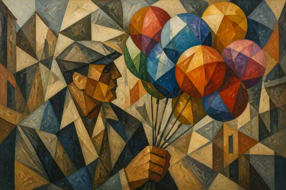 Cubism — Portrait of a street vendor selling colorful balloons., kết quả ChatGPT.