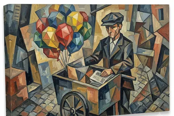 Cubism — Portrait of a street vendor selling colorful balloons., kết quả Gemini.