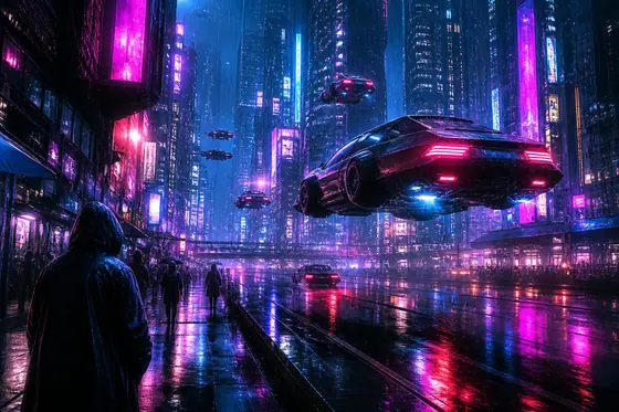 Cyberpunk — A rainy street with neon signs and flying cars (Phố mưa với biển hiệu neon và xe bay), kết quả ChatGPT.
