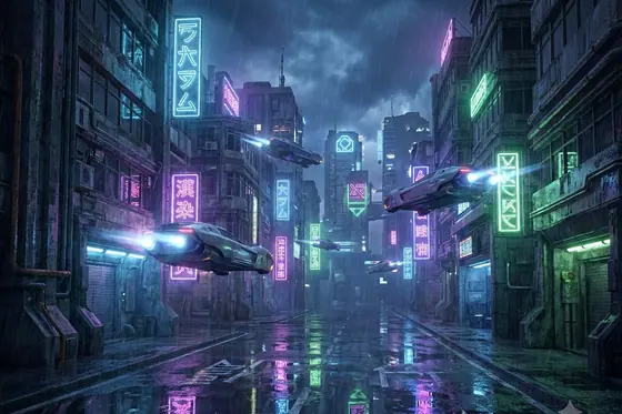 Cyberpunk — A rainy street with neon signs and flying cars (Phố mưa với biển hiệu neon và xe bay), kết quả Gemini.