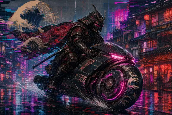 Cyberpunk + Ukiyo-e + Glitch Art — A Samurai riding a futuristic motorbike in Hanoi Old Quarter, neon lights, rain., kết quả ChatGPT.