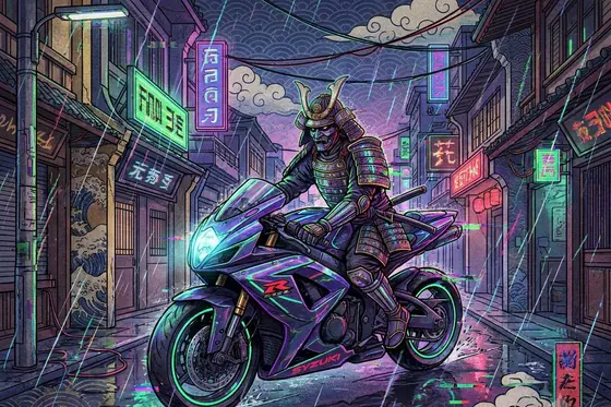 Cyberpunk + Ukiyo-e + Glitch Art — A Samurai riding a futuristic motorbike in Hanoi Old Quarter, neon lights, rain., kết quả Gemini.