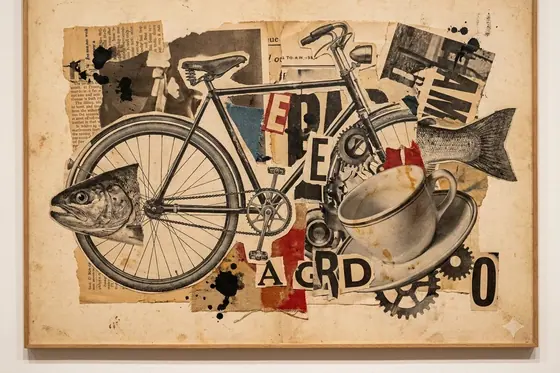 Dada Art — A chaotic collage of a bicycle, a fish, and a coffee cup., kết quả Gemini.