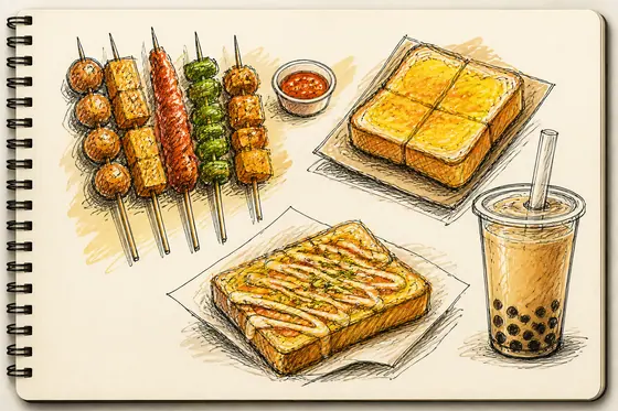 Doodle Art — Notebook sketches of street snacks (skewers, toast, milk tea)., kết quả ChatGPT.