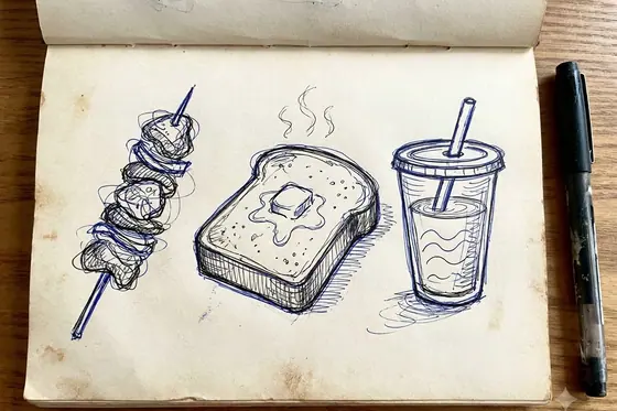 Doodle Art — Notebook sketches of street snacks (skewers, toast, milk tea)., kết quả Gemini.