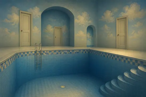 Dreamcore — An empty tiled swimming pool with doors leading nowhere., kết quả ChatGPT.