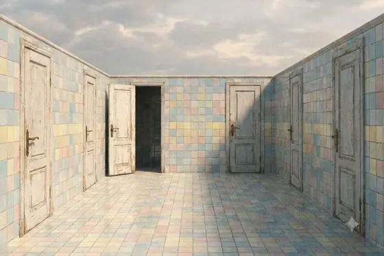 Dreamcore — An empty tiled swimming pool with doors leading nowhere., kết quả Gemini.