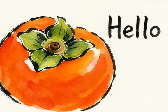 Etegami Painting — A hand-painted persimmon fruit with a handwritten message "Hello"., kết quả ChatGPT.