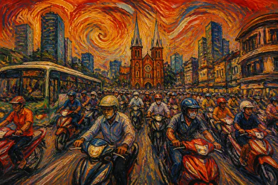 Expressionism — A chaotic traffic scene in Saigon with swirling colors., kết quả ChatGPT.