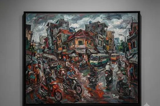 Expressionism — A chaotic traffic scene in Saigon with swirling colors., kết quả Gemini.