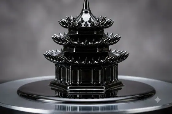 Ferrofluid — A spiky black liquid taking the shape of a pagoda., kết quả Gemini.