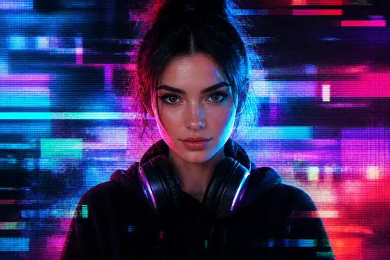 Glitch Art — A beautiful adult female gamer looks directly into the camera., kết quả ChatGPT.