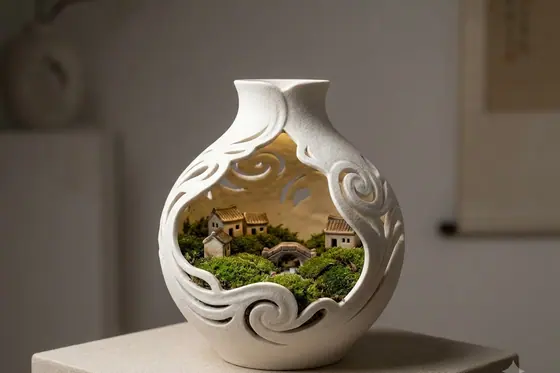 Hollow Art — A hollow porcelain vase revealing a miniature world inside., kết quả Gemini.