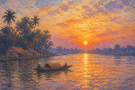 Impressionism — A sunset over the Mekong River with loose brushstrokes., kết quả ChatGPT.