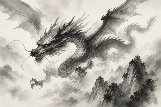 Ink Wash Painting — A majestic dragon flying through misty clouds., kết quả ChatGPT.