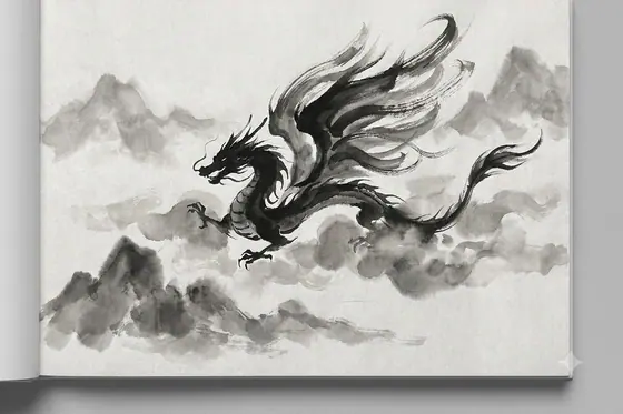 Ink Wash Painting — A majestic dragon flying through misty clouds., kết quả Gemini.