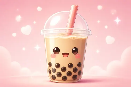 Kawaii — A cute bubble tea cup with a smiling face and tapioca pearls., kết quả ChatGPT.