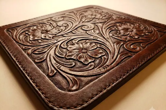Leather Work — An intricate floral pattern carved into thick leather., kết quả Gemini.