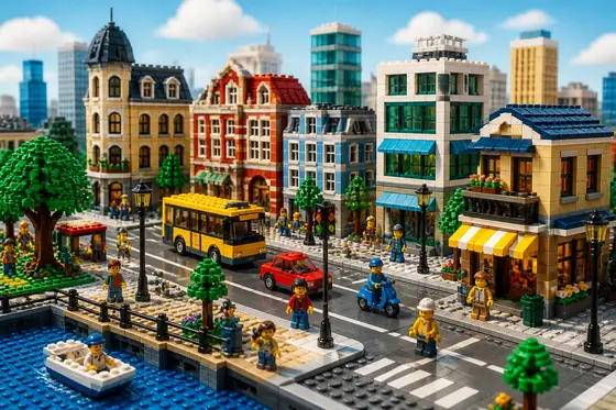 LEGO — A bustling city street built as an interlocking toy-brick diorama., kết quả ChatGPT.